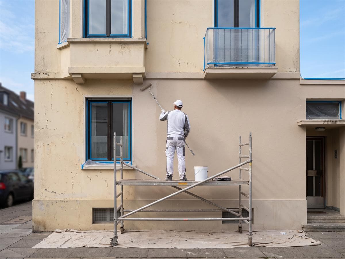 Pintor de AZL aplicando pintura sobre la fachada de un edificio desde un andamio en Ferrol