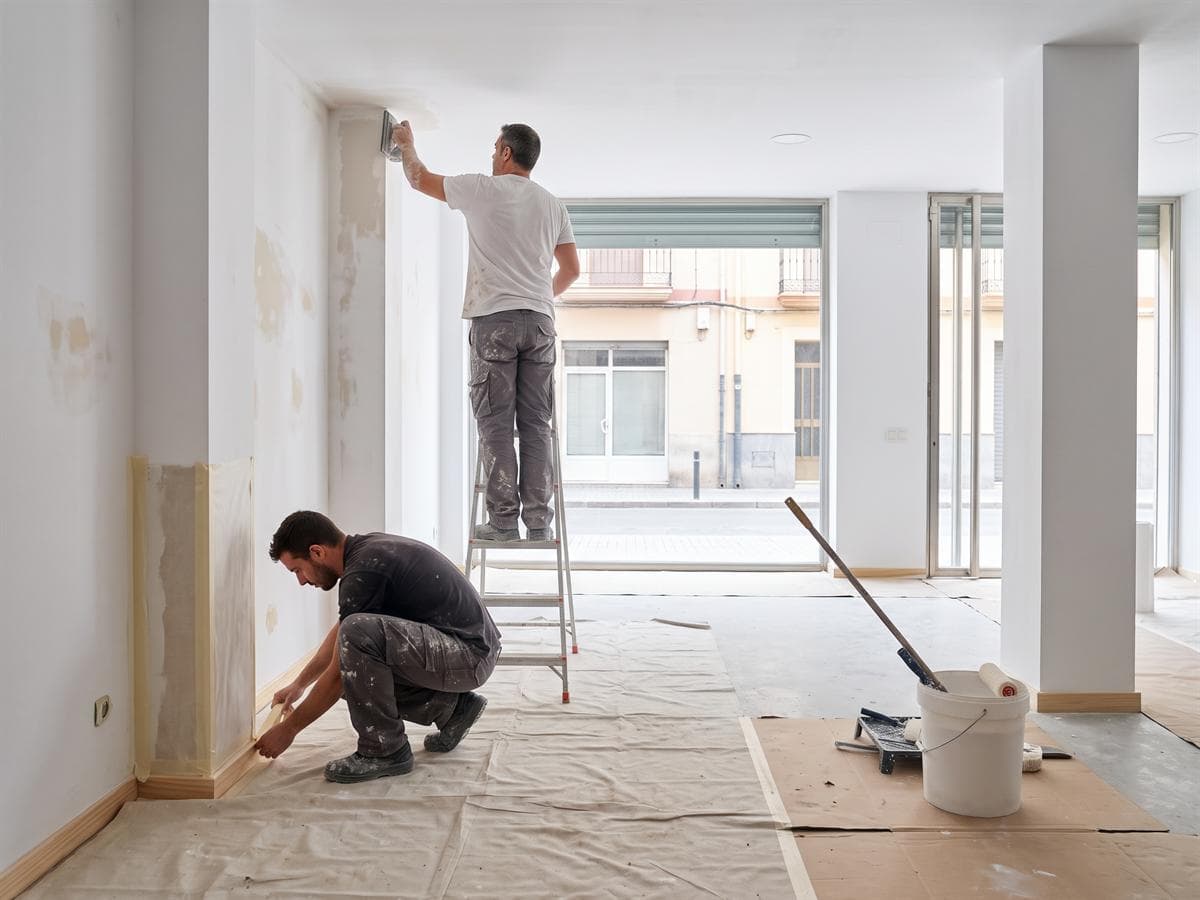 Pintores de AZL preparando y pintando las paredes de un local en Ferrol