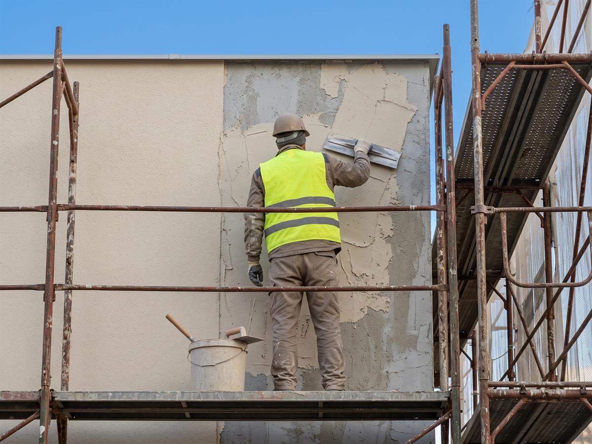 Operario de AZL reparando el revestimiento de una fachada en Ferrol